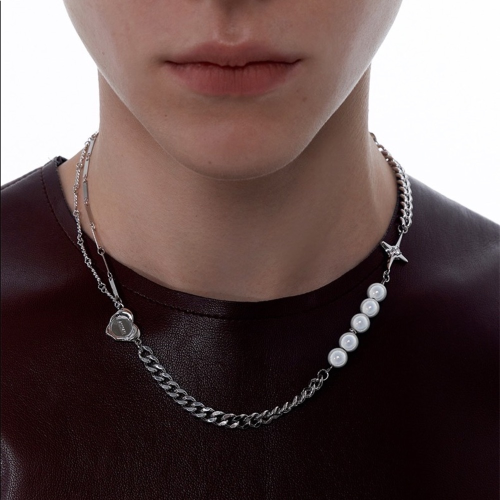 Unisex silver Curb & Pearl Necklace